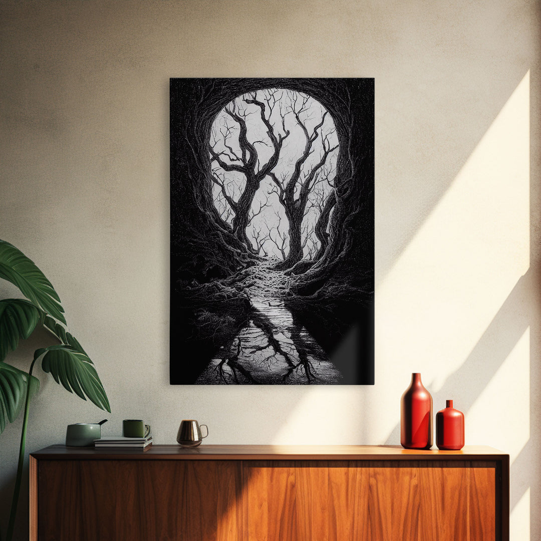 Spooky Haunted Halloween Forest, Black and White Art, Framed Canvas Print, Ready To Hang Framed Wall Art, Living Room Wall Hanging