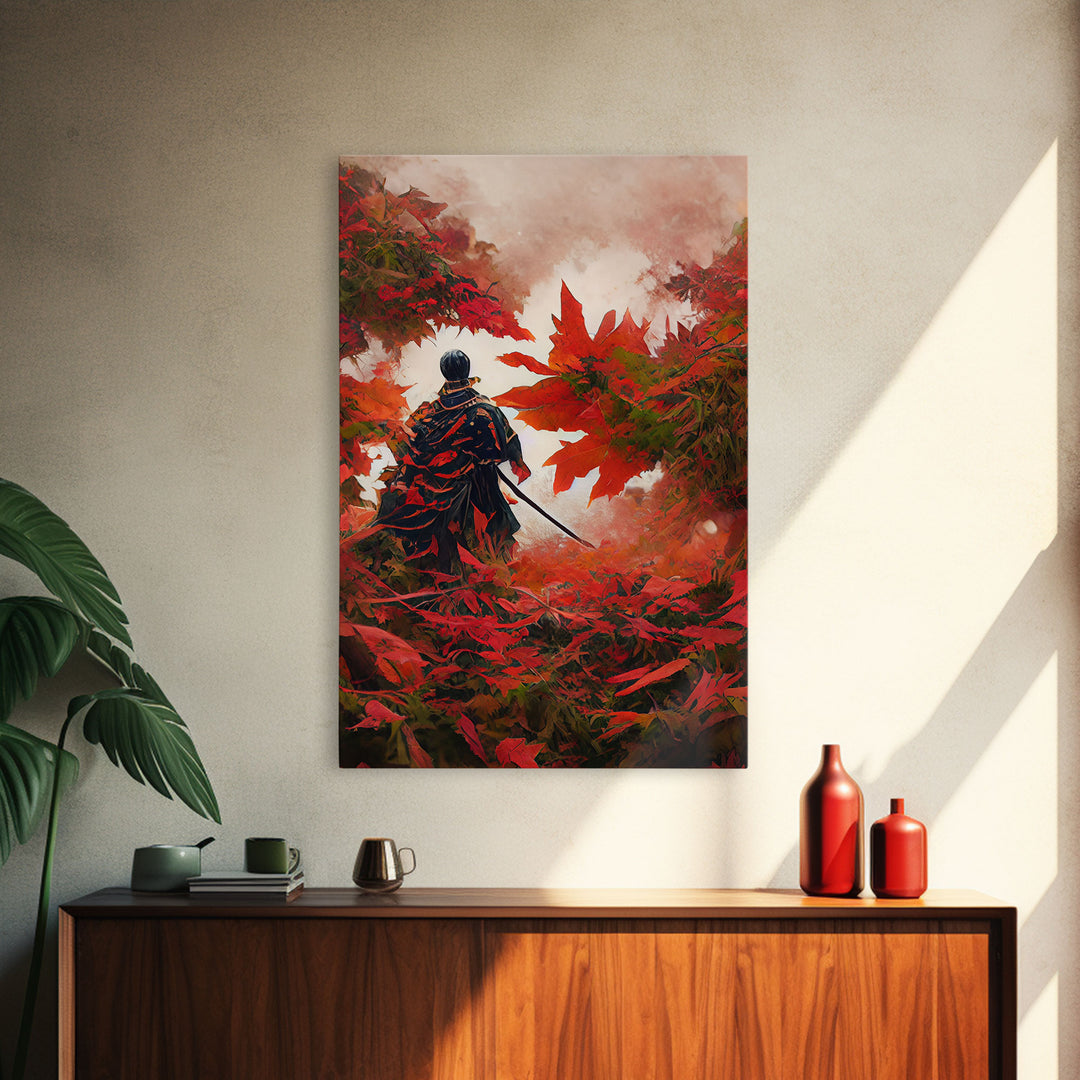 Samurai In a Japanese Maple Forest, Framed Canvas Print, Ready To Hang Framed Wall Art, Living Room Wall Hanging