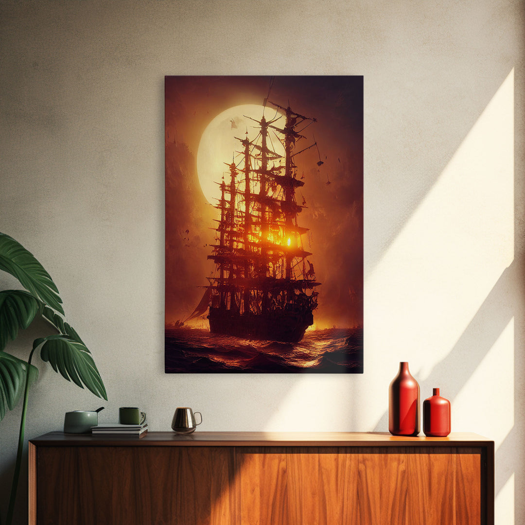 Ghost Ship and Full Moon, Spooky Pirate Ship Art, Framed Canvas Print, Ready To Hang Framed Wall Art, Living Room Wall Hanging