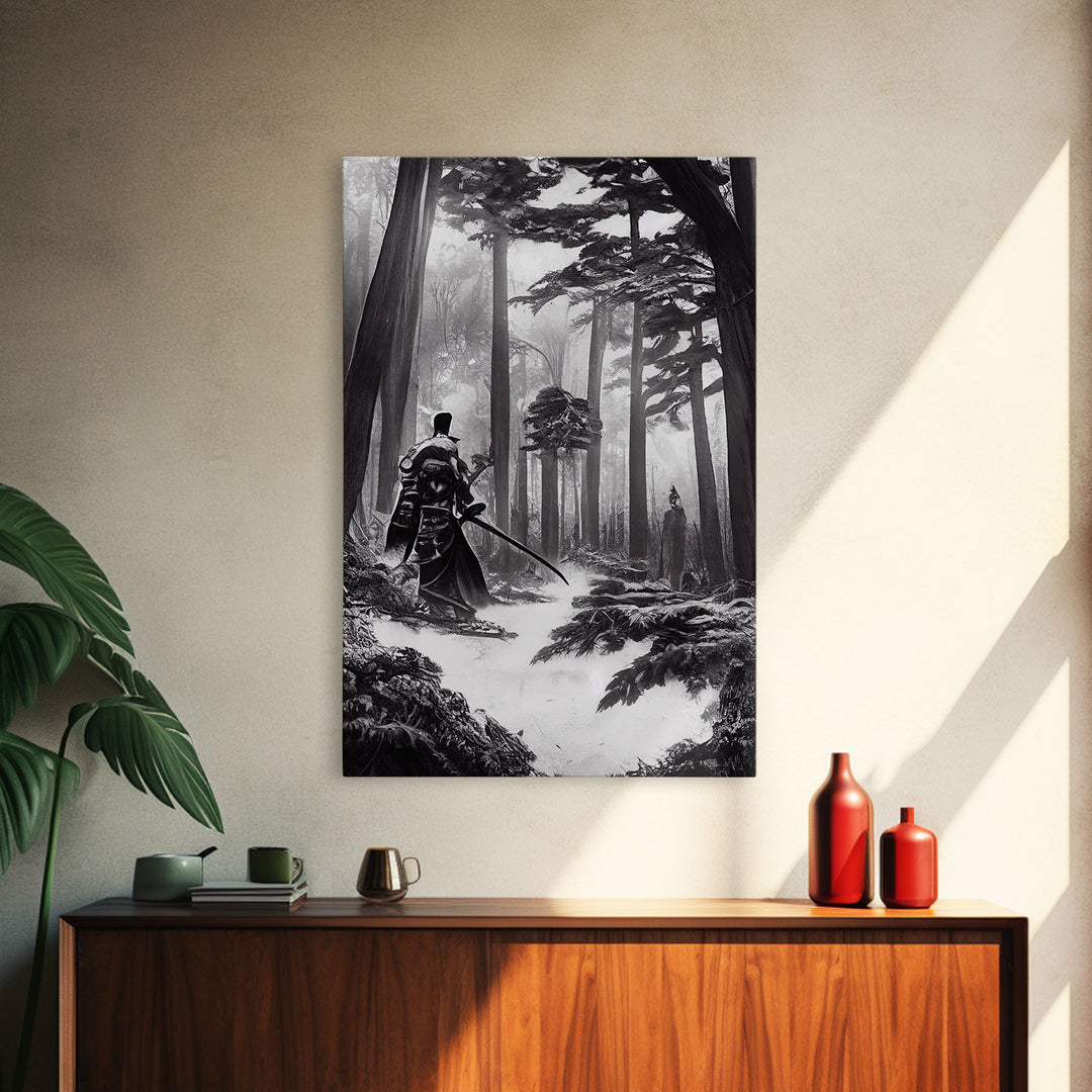 The Duel, Samurai Facing Off In The Forest, Black And White Art Framed Canvas Print, Ready To Hang Framed Wall Art, Living Room Wall Hanging