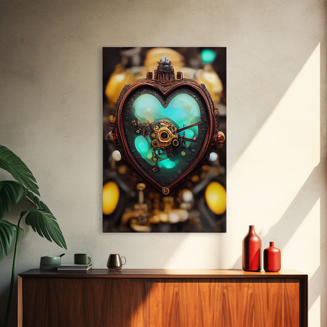 Steampunk Heart, Turquoise Crystal Heart, Framed Canvas Print, Ready To Hang Framed Wall Art, Living Room Wall Hanging