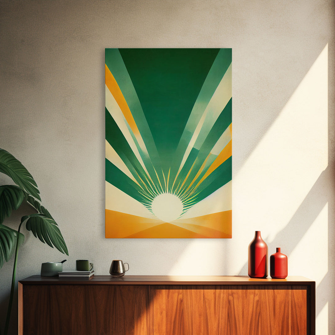 Emerald Green Sun Burst, Art Deco Style, Framed Canvas Print, Ready To Hang Framed Wall Art, Living Room Wall Hanging