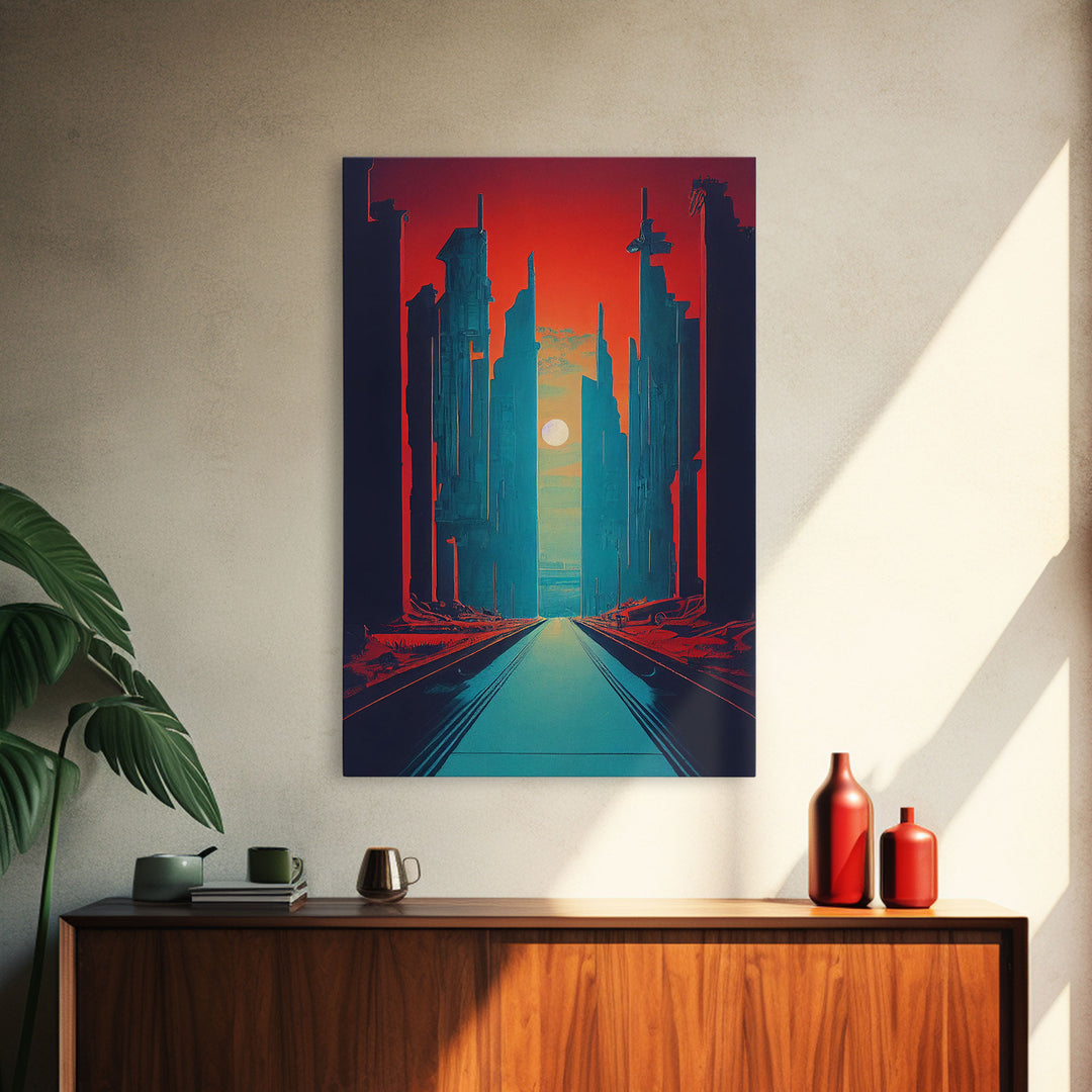 Brutalist Art Deco Dystopian City Art, Framed Canvas Print, Ready To Hang Framed Wall Art, Living Room Wall Decor