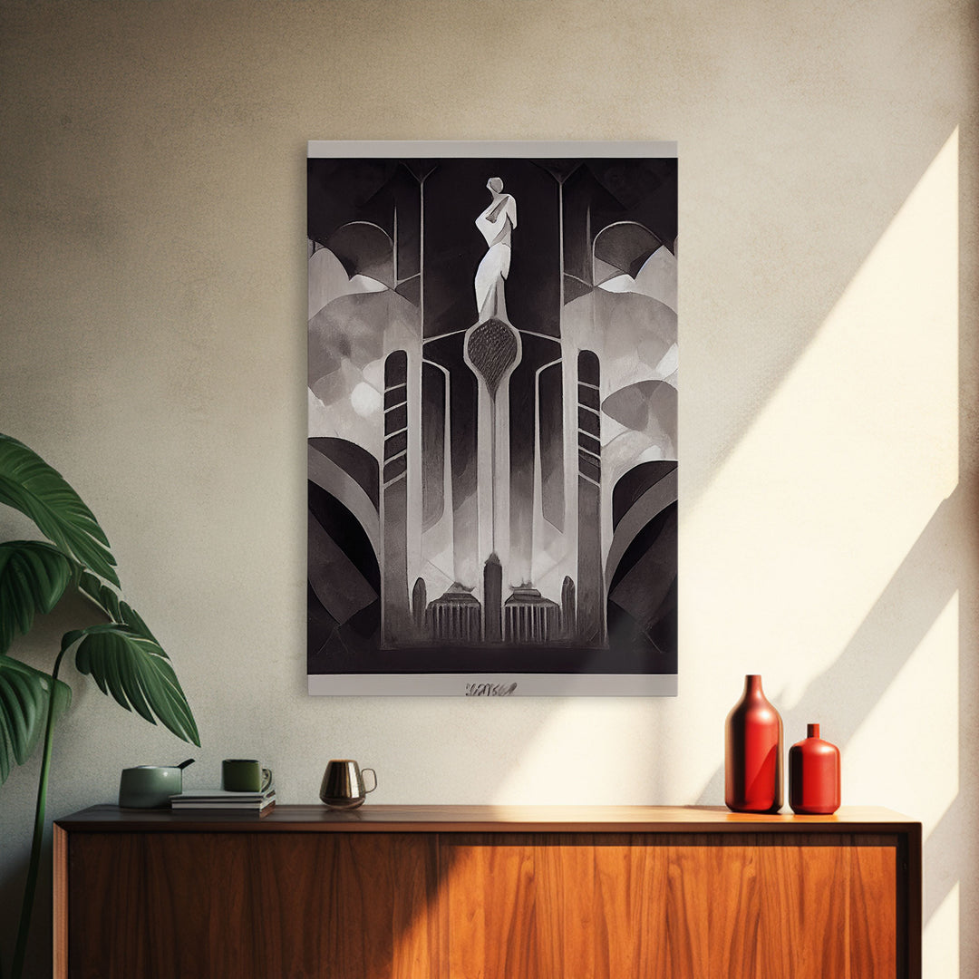 Black And White Art Print, Art Deco Architecture, Framed Canvas Print, Ready To Hang Framed Wall Art, Living Room Wall Hanging