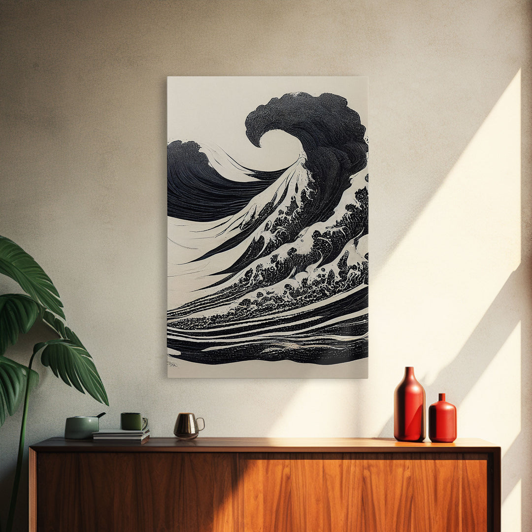 Black and White Tsunami Waves, Japanese Style Art, Framed Canvas Print, Ready To Hang Framed Wall Art, Living Room Wall Decor