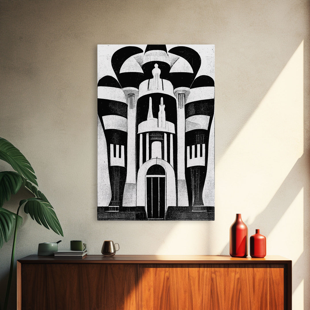 Vintage Style Art Deco Architecture Study, Framed Canvas Print, Retro Style Wall Art