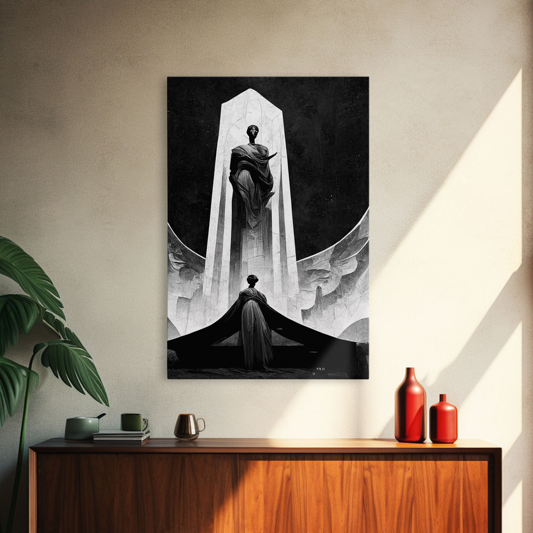 Retro Art Deco Statue Print, Framed Canvas Print, Cool Wall Art, Vintage Style Wall Decor, Black And White Art