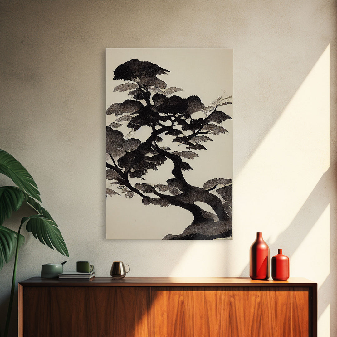 Black and White Japanese Maple Tree, Framed Canvas Print, Ready To Hang Framed Wall Art, Living Room Wall Hanging