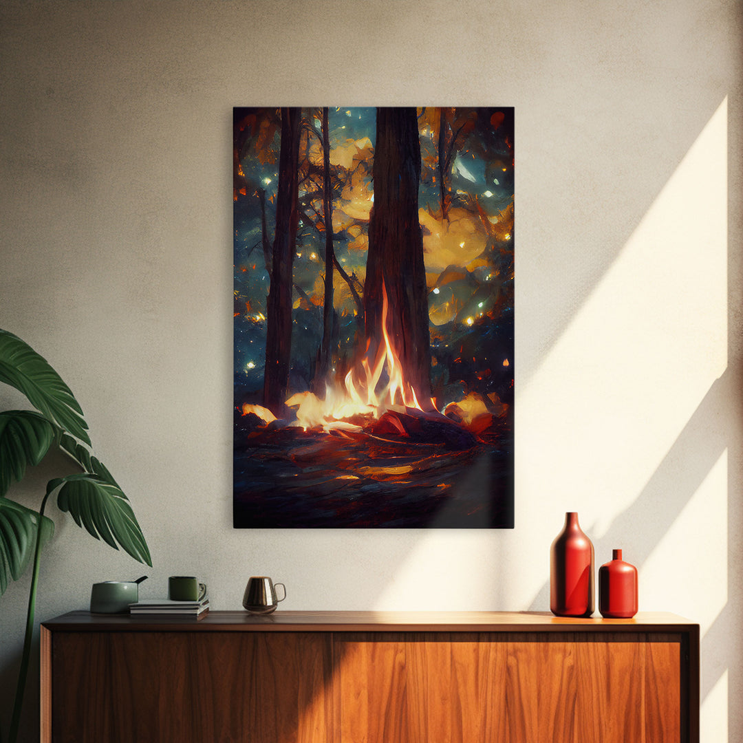 Night Stars Camp Fire In Woods Big Tree Wall Art, Fine Art Print, Wall Poster