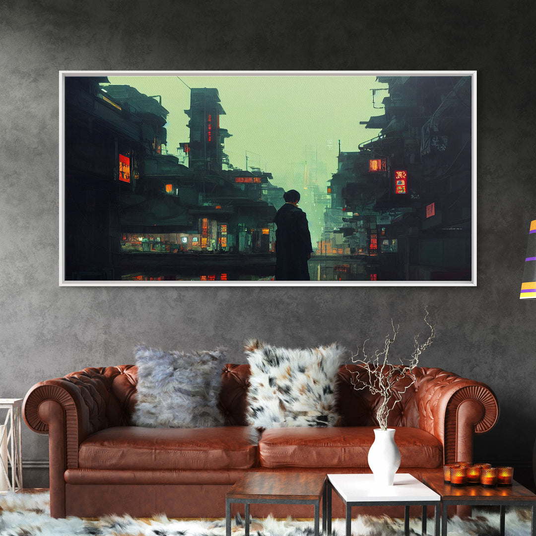 Japanese Style Cyberpunk City, Futuristic Cyberpunk Art, Framed Canvas Print, Ready To Hang Wall Art, Framed Wall Art, Hard Boiled