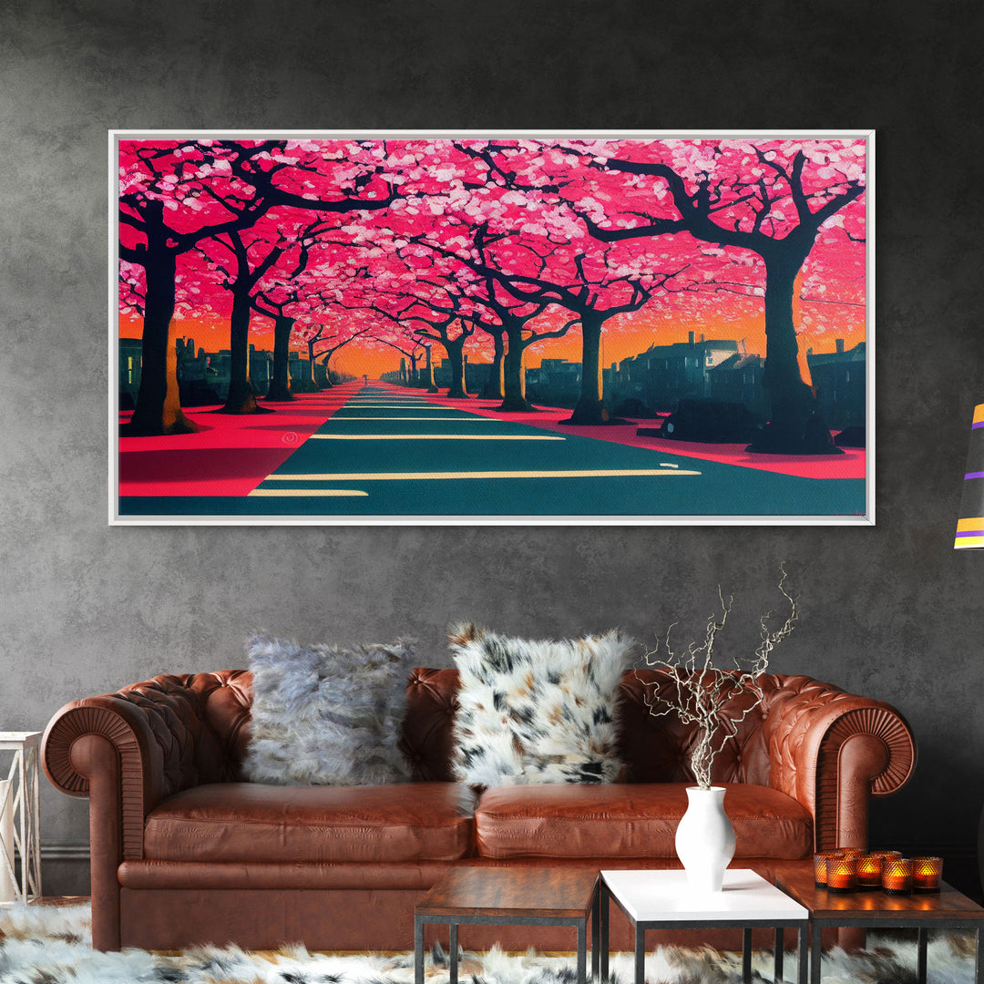 Street lined with Cherry Blossoms, Cherry Blossom Tree  Art, Framed Canvas Print, Ready To Hang Wall Art, Framed Wall Art