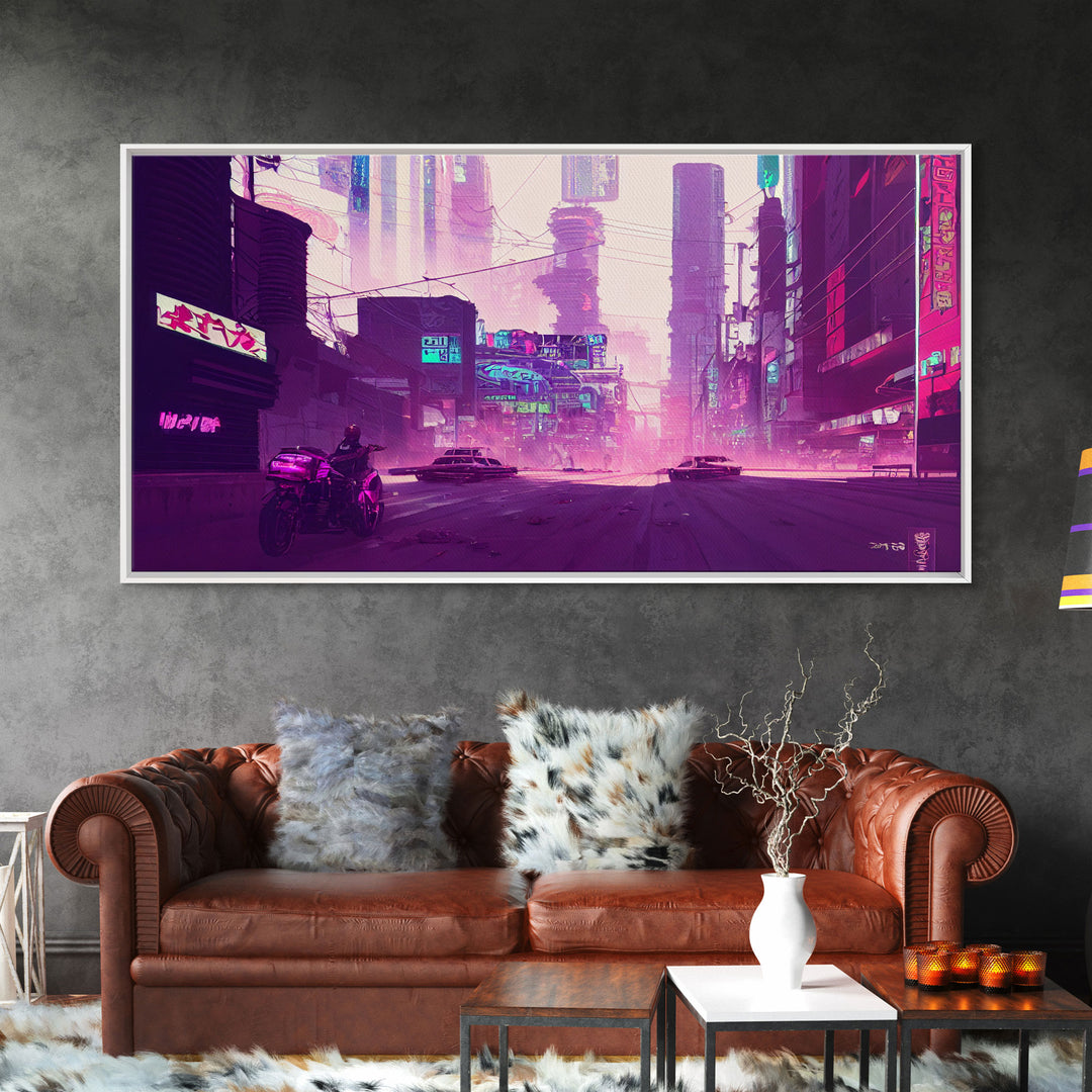 Cyberpunk Watercolor Tokyo Painting, Outrun Vibes Art, Wall Decor, Ready To Hang Framed Canvas Print, Oversize Wall Art