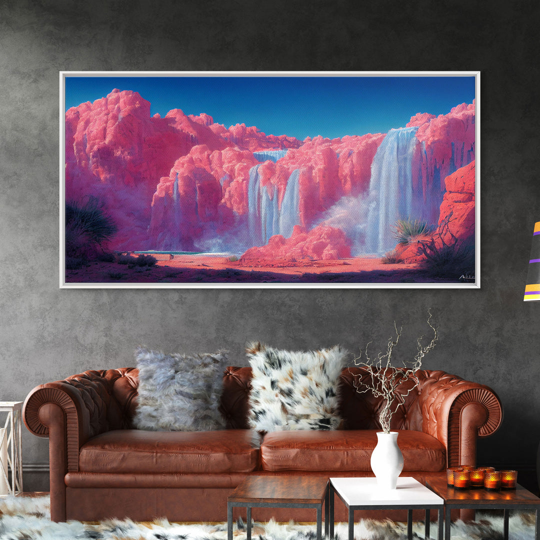 Psychedelic Pink Waterfall Art, Wall Decor, Ready To Hang Framed Canvas Print, Oversize Wall Art