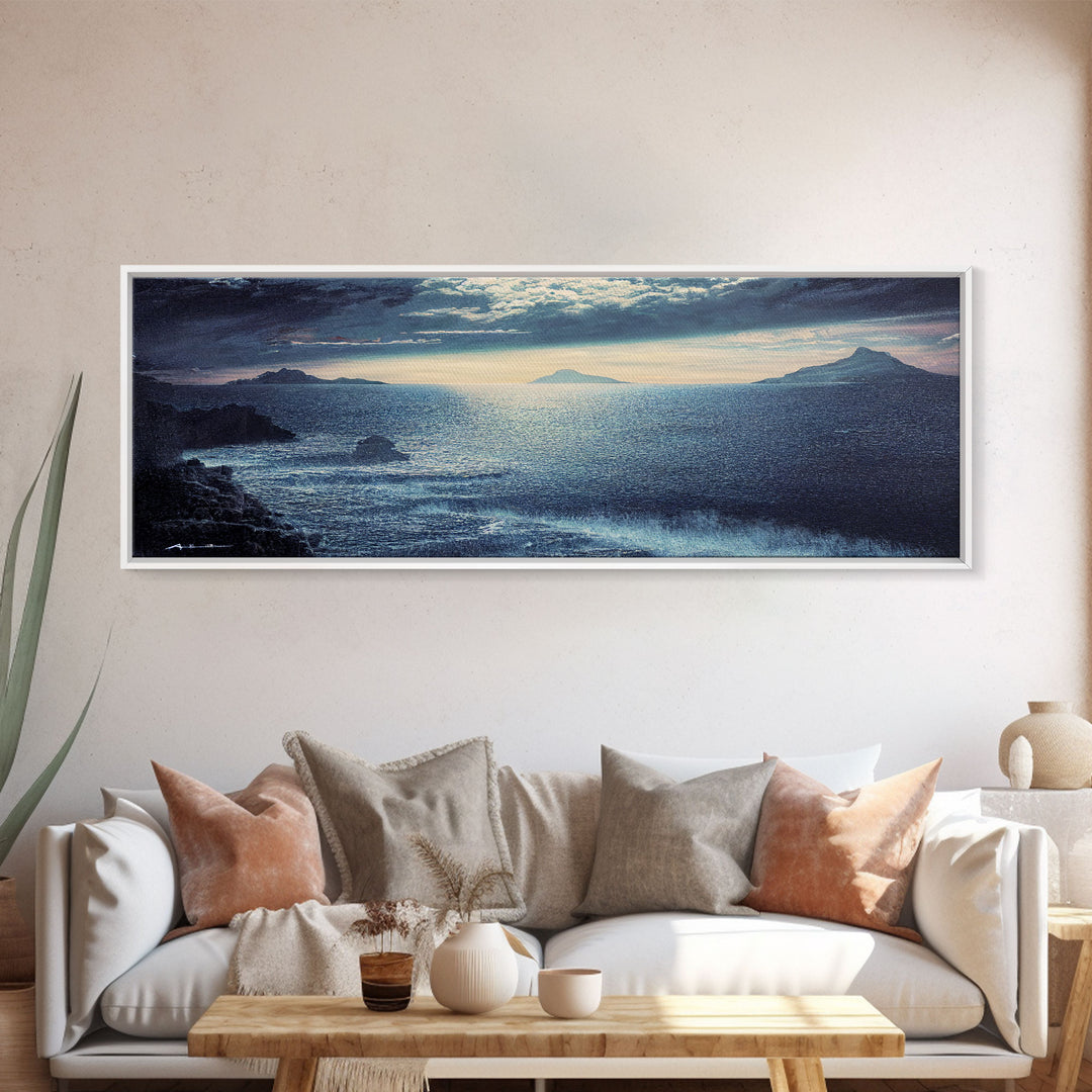 Storm Torrent Over A Steel Grey Sea, Gloomy Wall Art, Framed Ready To Hang Canvas Print