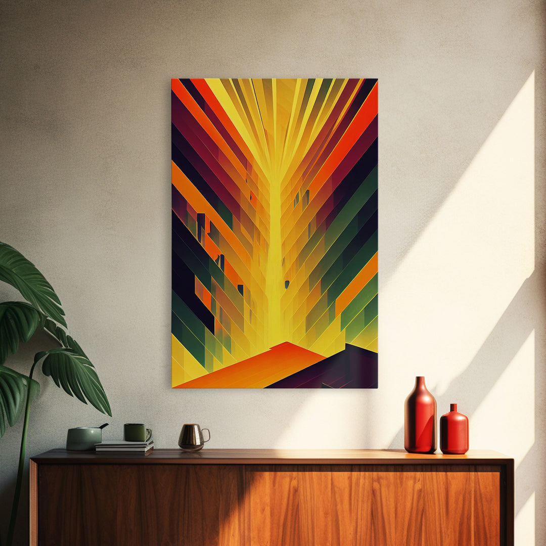 Unique art deco style abstract art, reflections of a sunset through stained glass, framed canvas print