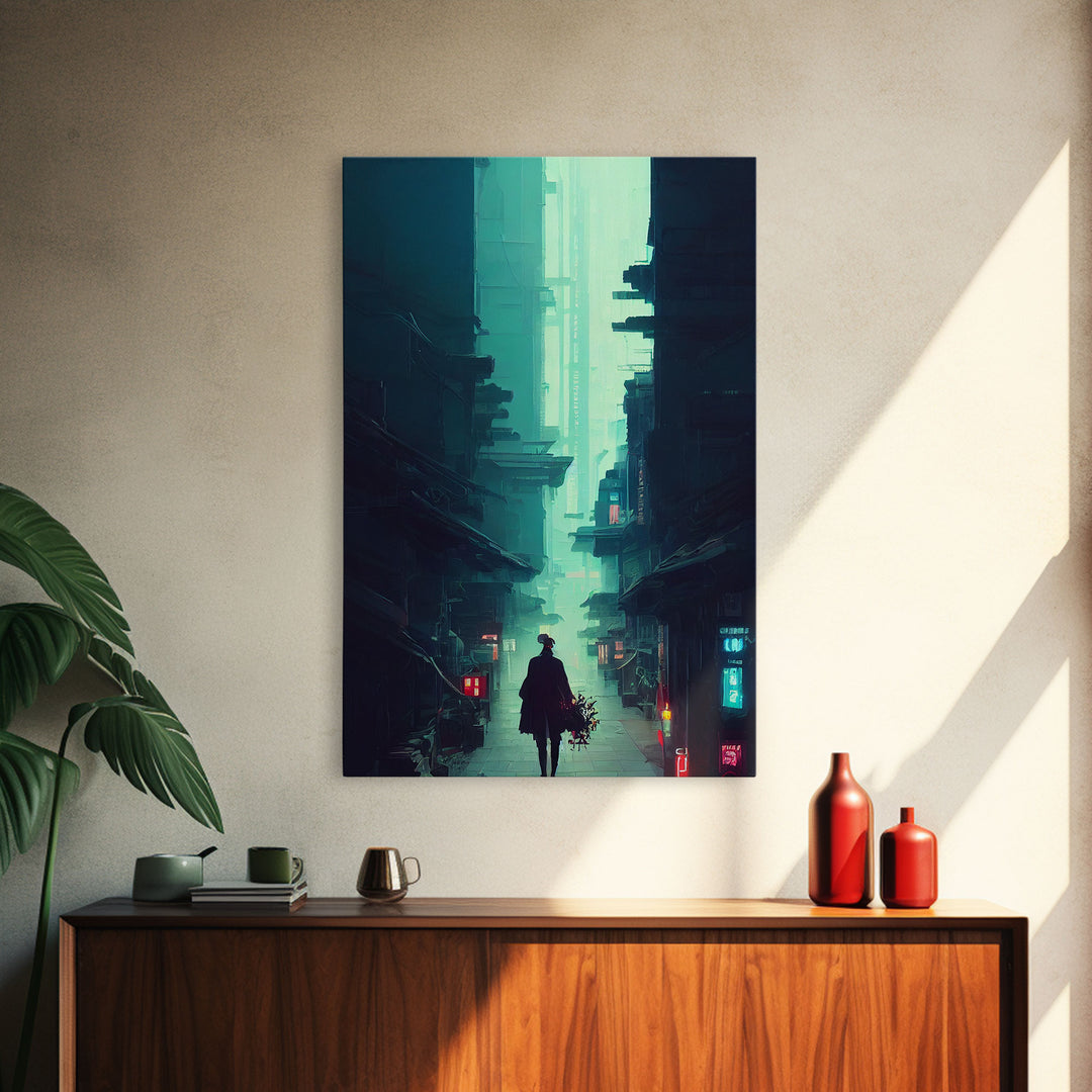 Cyberpunk Tokyo, 80s style retro-futurism, blade runner inspired art, ready to hang framed canvas print wall decor