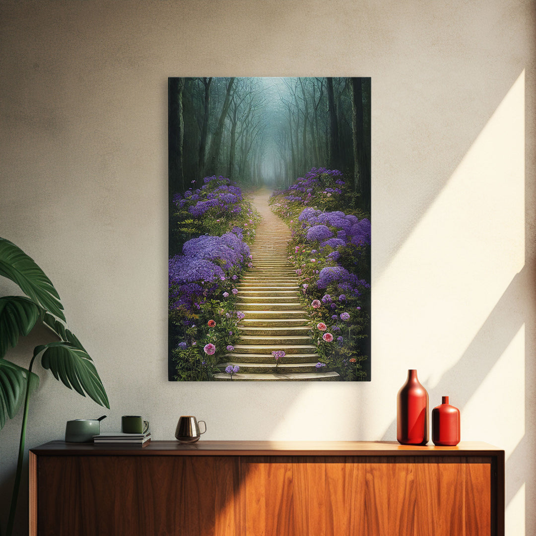 Lavender Lined Stairs Leading To The Haunted Forest, Fantasy Wall Art, framed canvas print, framed art