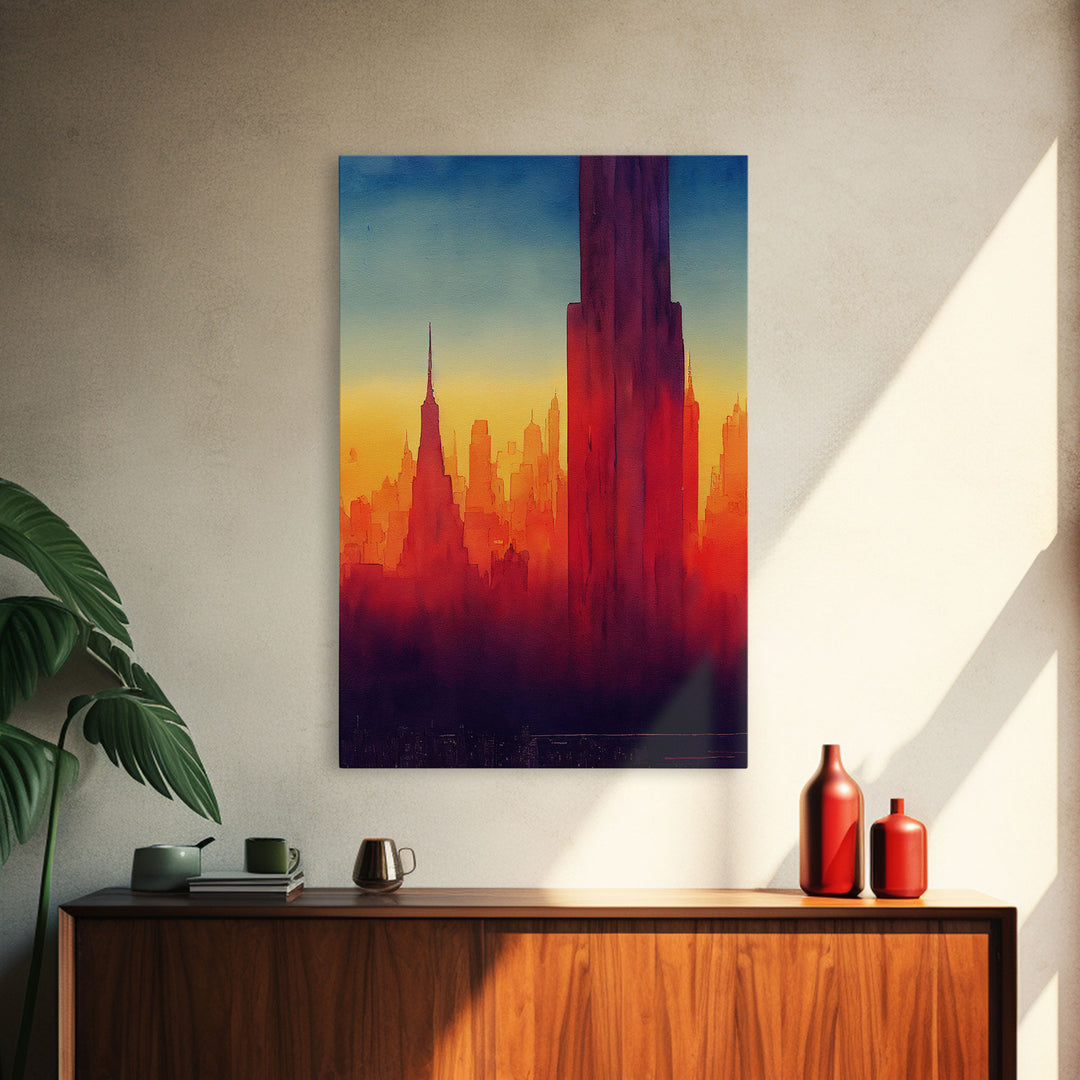 Chicago at sunset concept art, synthwave style, framed canvas print, ready to hang wall art with frame