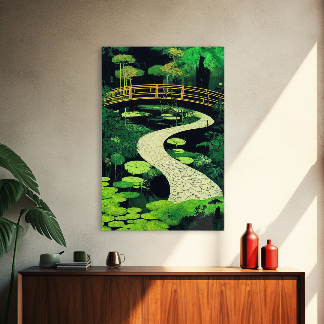 Emerald green Japanese zen garden art, framed canvas print, abstract art