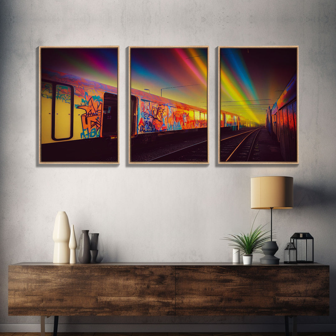 Urban graffiti, graffiti covered train cars, urban art, 3 piece canvas, 3 piece wall art, synthwave dystopian art