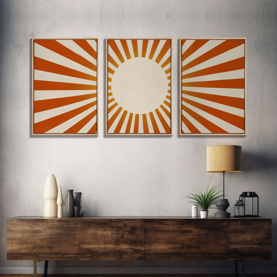 Boho Horizontal Sun Print, 3 Piece Art, Triptych Wall Art, Framed Canvas Prints, Yellow Sun Poster, Sunrise Wall Art, Boho Nursery Prints