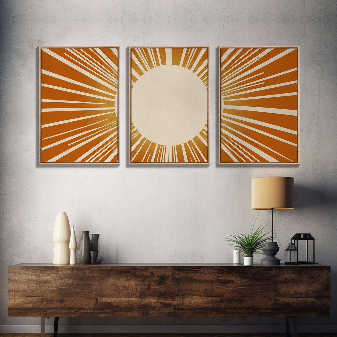 Sun Print Set Of 3, Framed Canvas Prints, Boho Minimalist Midcentury Modern Wall Art, Geometric Sun Print, Nursery Boho Style Decor Triptych