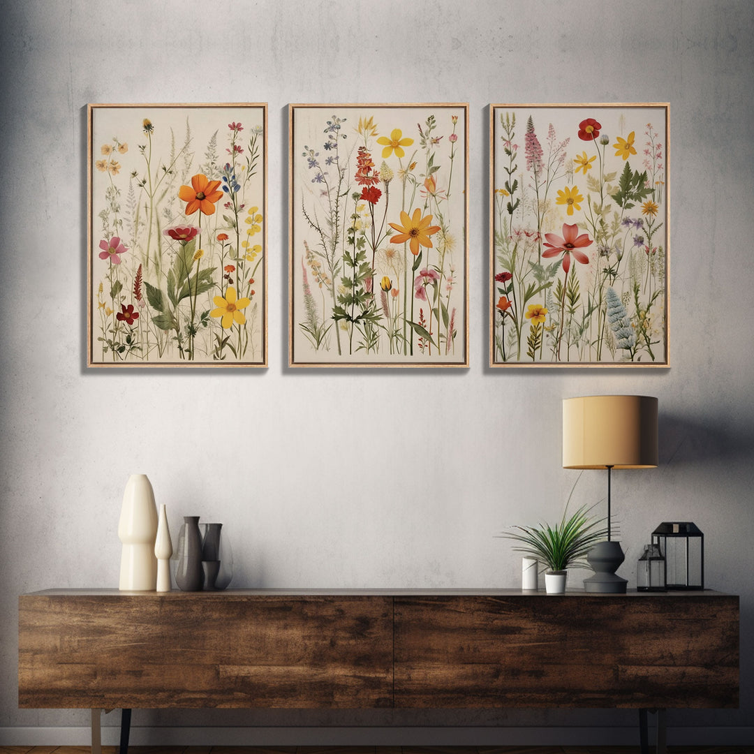 Framed Canvas Wall Art Set, 3 Piece Art, Watercolor Wildflowers Floral / Botanical Print, Minimalist Wall Art, Boho Decor, Colorful Art