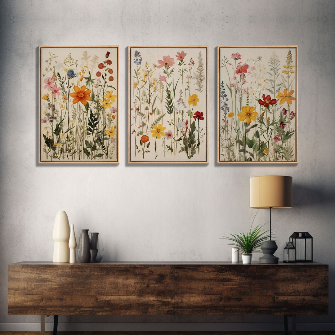 Boho Framed Canvas Wall Art Set, 3 Piece Art, Watercolor Wildflowers Floral / Botanical Print, Minimalist Wall Art, Boho Decor, Colorful Art