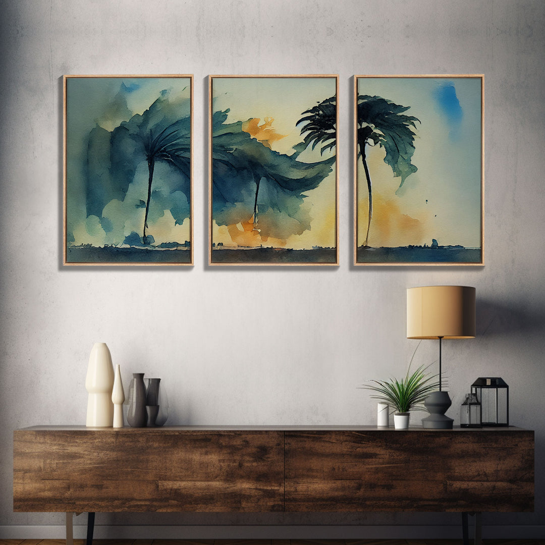 Watercolor of a palm tree blowing in a hurricane, storm art, 3 piece canvas print, 3 piece wall art