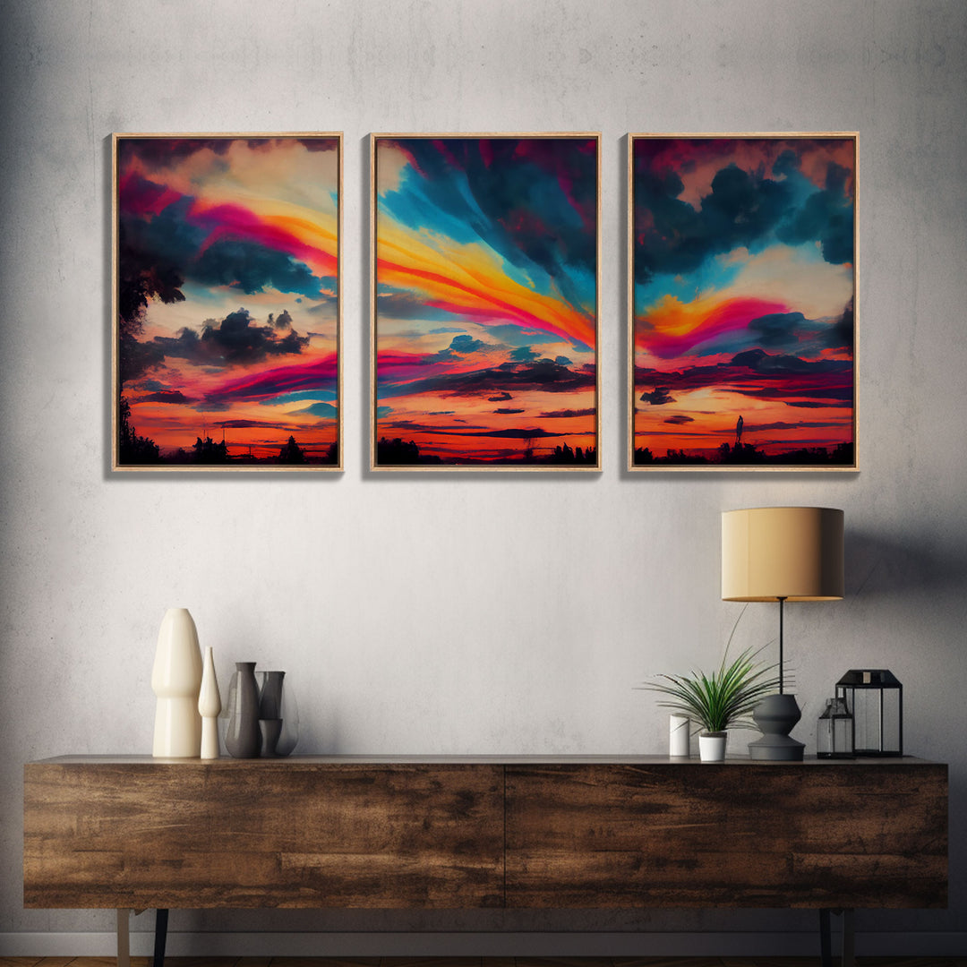 Psychedelic sunset, beautiful colorful wall art, 3 piece canvas print, three piece wall art, living room above the couch art, sun rise art