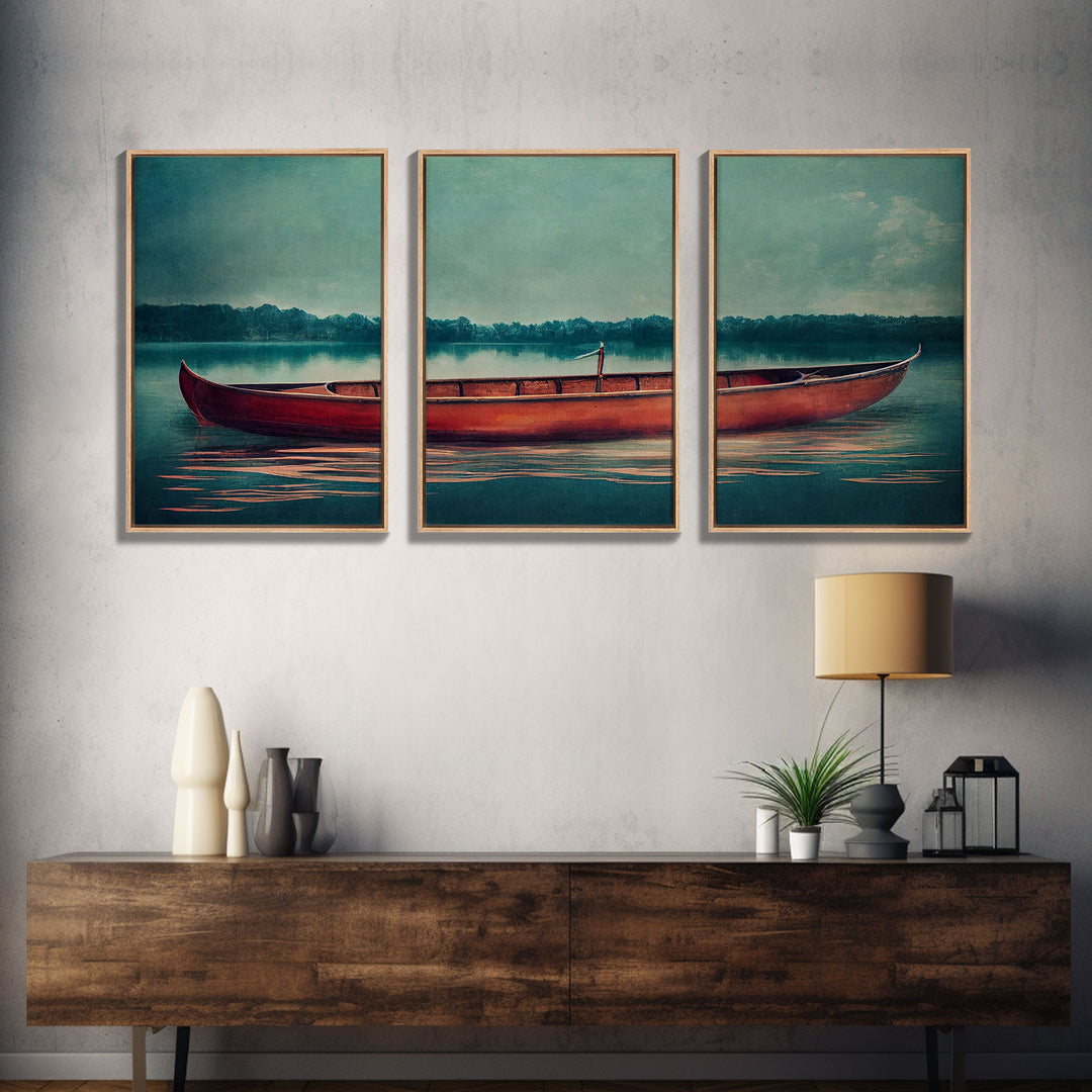 Skiff on the lake, Abandoned canoe, lake house art, 3 piece canvas, 3 piece wall art, cool unique living room art