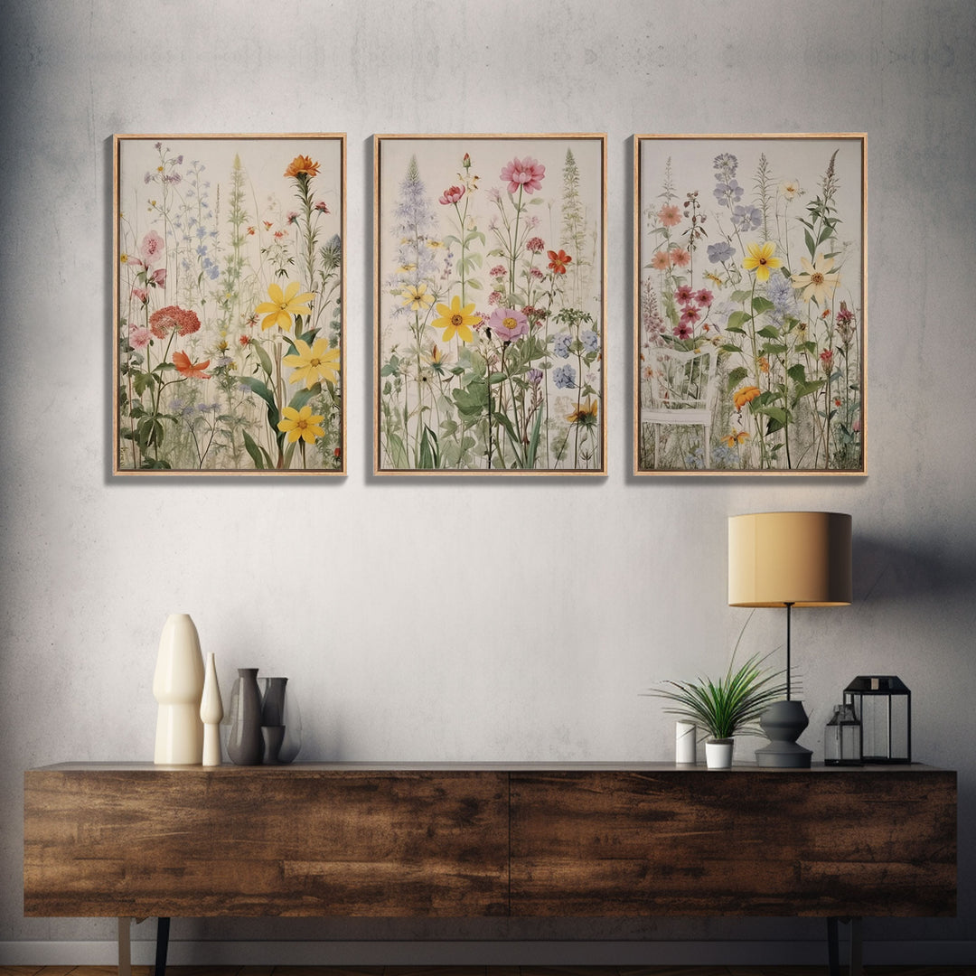 Framed Canvas Wall Art Set, Watercolor Wildflowers Floral Botanical Prints, Minimalist Modern Art Boho Wall Decor, Flower Art, Nursery Decor