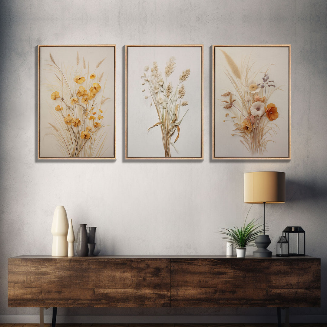 Rustic Framed Canvas Wall Art Set of 3, Modern Farmhouse Decor, Botanical Prints, Neutral Colors, Minimalist Art, Boho Farmhouse Decor