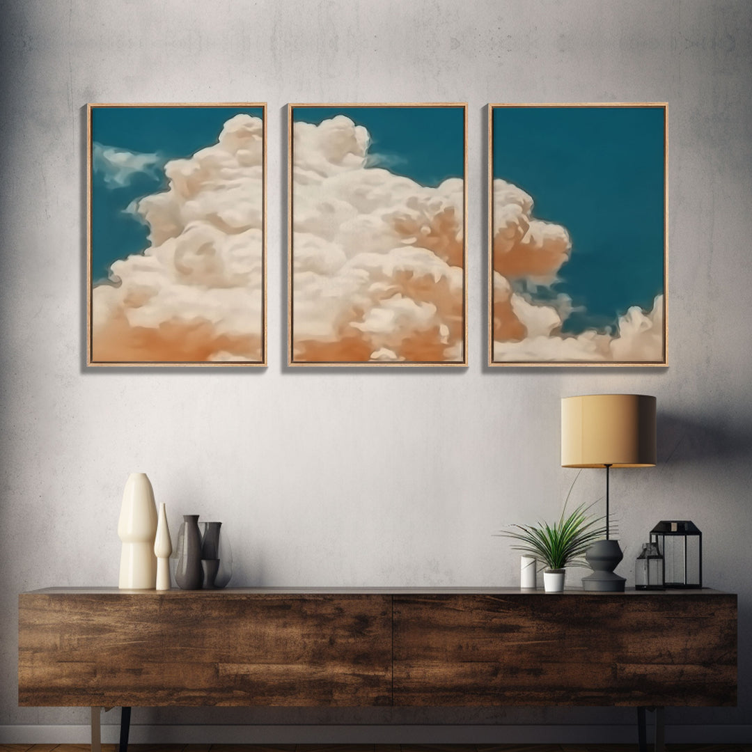 Clouds On Canvas, Framed Wall Art Set of 3 Pastel Cloud Navy Blue Sky Nature Landscape Prints Minimalist Modern Art Nature Wall Decor