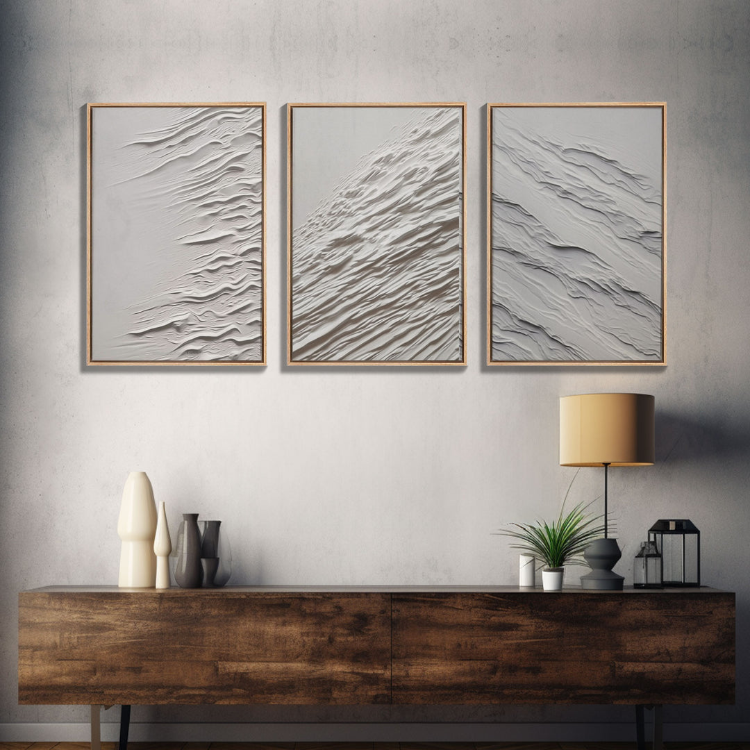 Triptych Framed Canvas Print Wall Art Set of 3 White Textured Effect Abstract Prints Modern Minimalist Wall Art Neutral Decor Impasto Effect