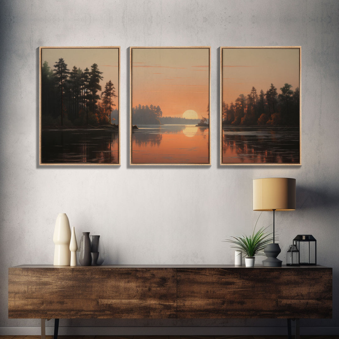 Sunset Over The Lake, Framed Canvas Print 3 Panel Set, Landscape Oil Painting, Original Art, Office Decor, Gift For Boss, Lake House Art