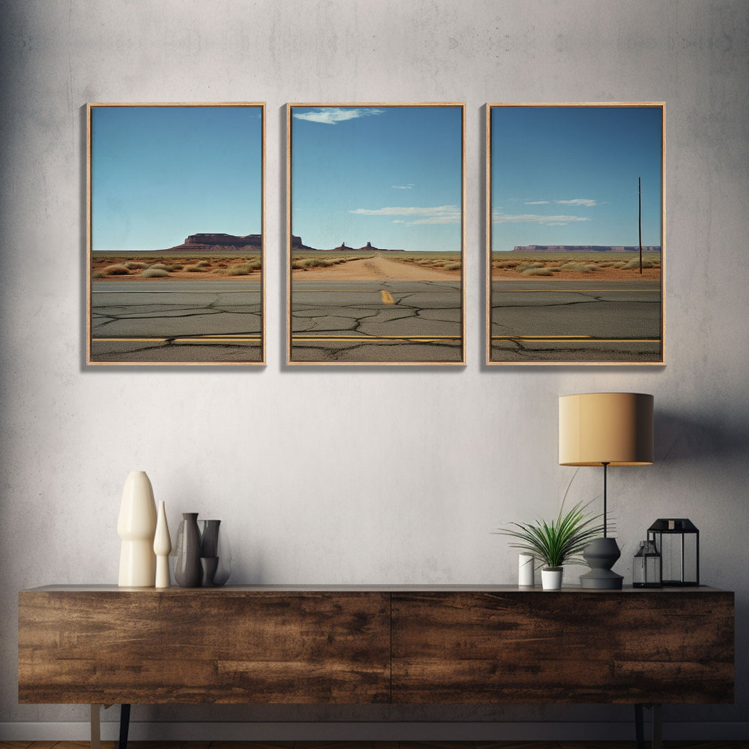 Historic Route 66 Photography 3 Piece Print, Framed Canvas Art, Blue Skies Over Arizona Route 66 Wall Decor, Wall Art