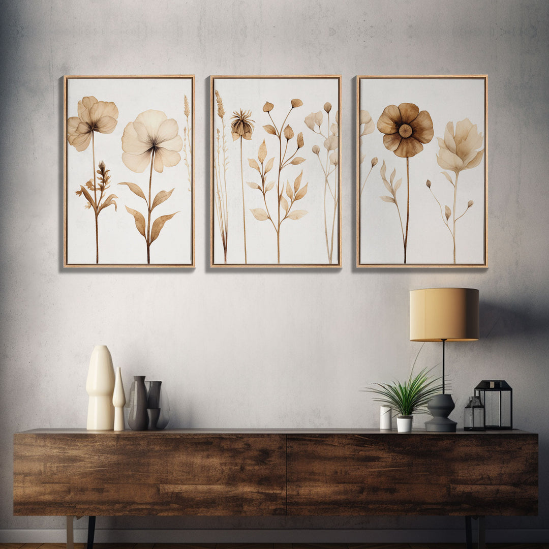 Boho Style Minimalist Farmhouse 3 Piece Wall Art, White Background Wildflowers, Botanical Floral Art, Rustic Chic Decor