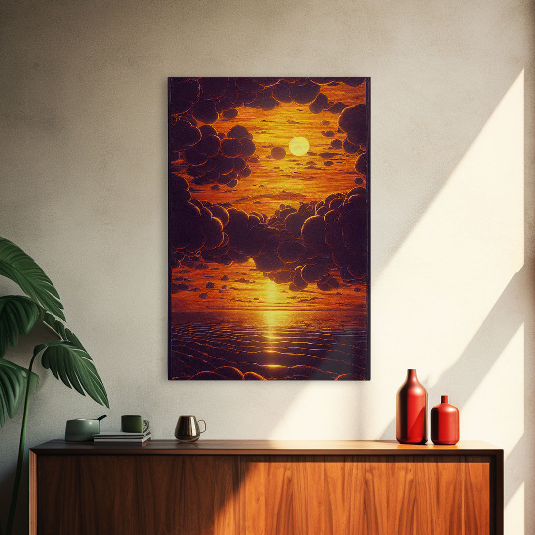 Orange Sunset, Psychedelic Sepia Sunset Art, Framed Canvas Print, Ready To Hang Framed Wall Art