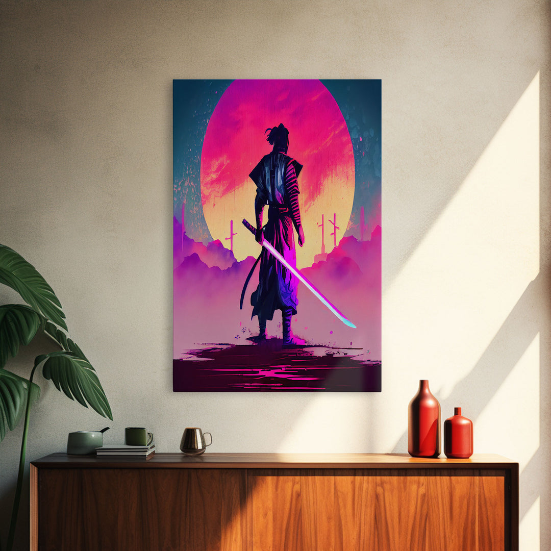 Synthwave Samurai, Cyberpunk Samurai Art, Framed Canvas Print, Ready To Hang Framed Wall Art