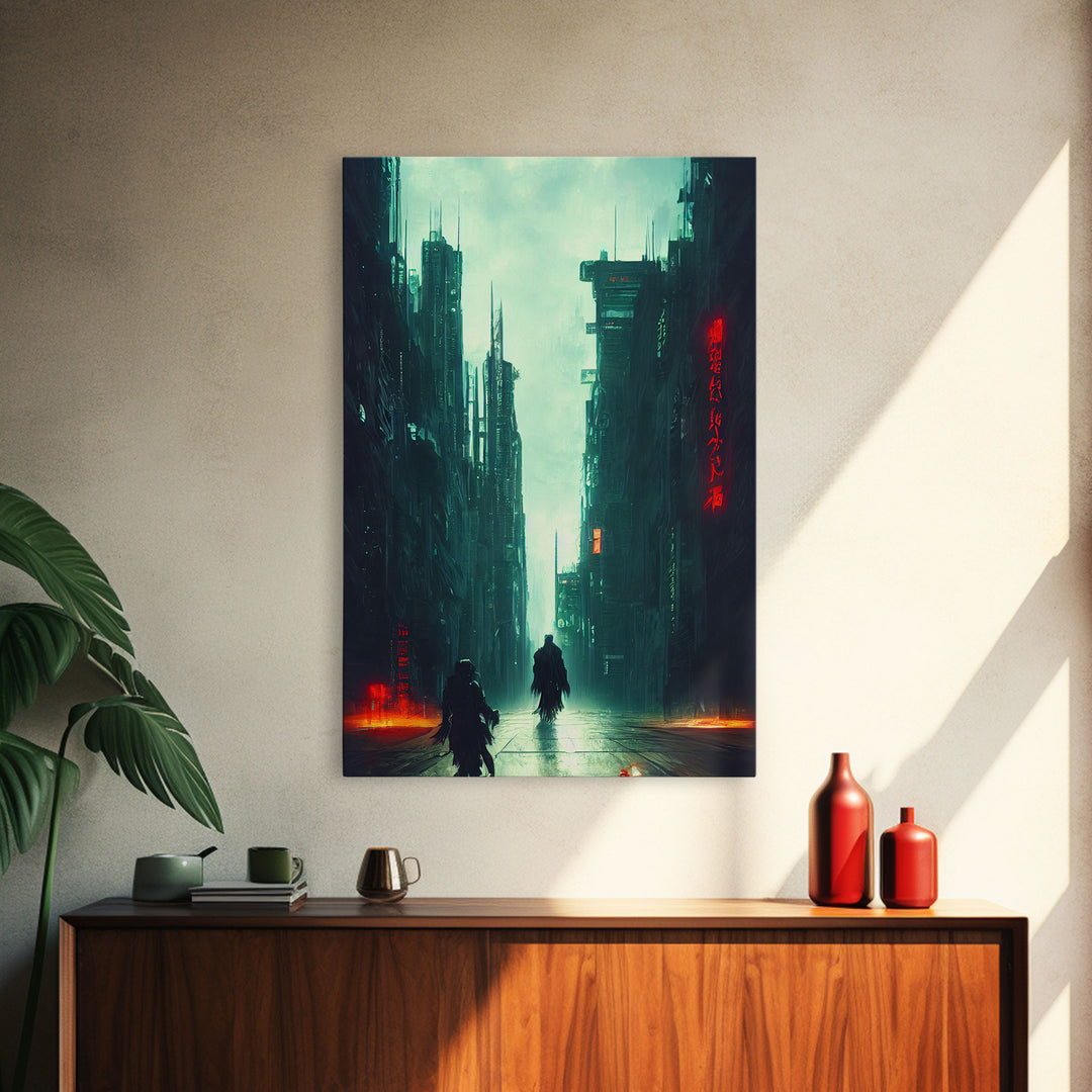 Cyberpunk Demon Art, Demon in the streets of Tokyo, Framed Canvas Print, Ready To Hang Framed Wall Art