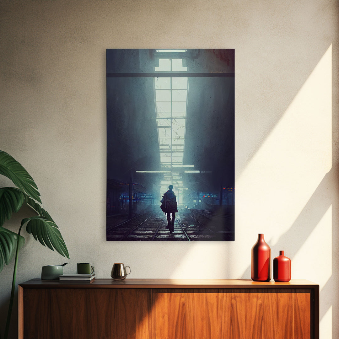 Cyberpunk Android In An Abandoned City, Dystopian Post Apocalyptic Art, Framed Canvas Print, Ready To Hang Framed Wall Art, Living Room