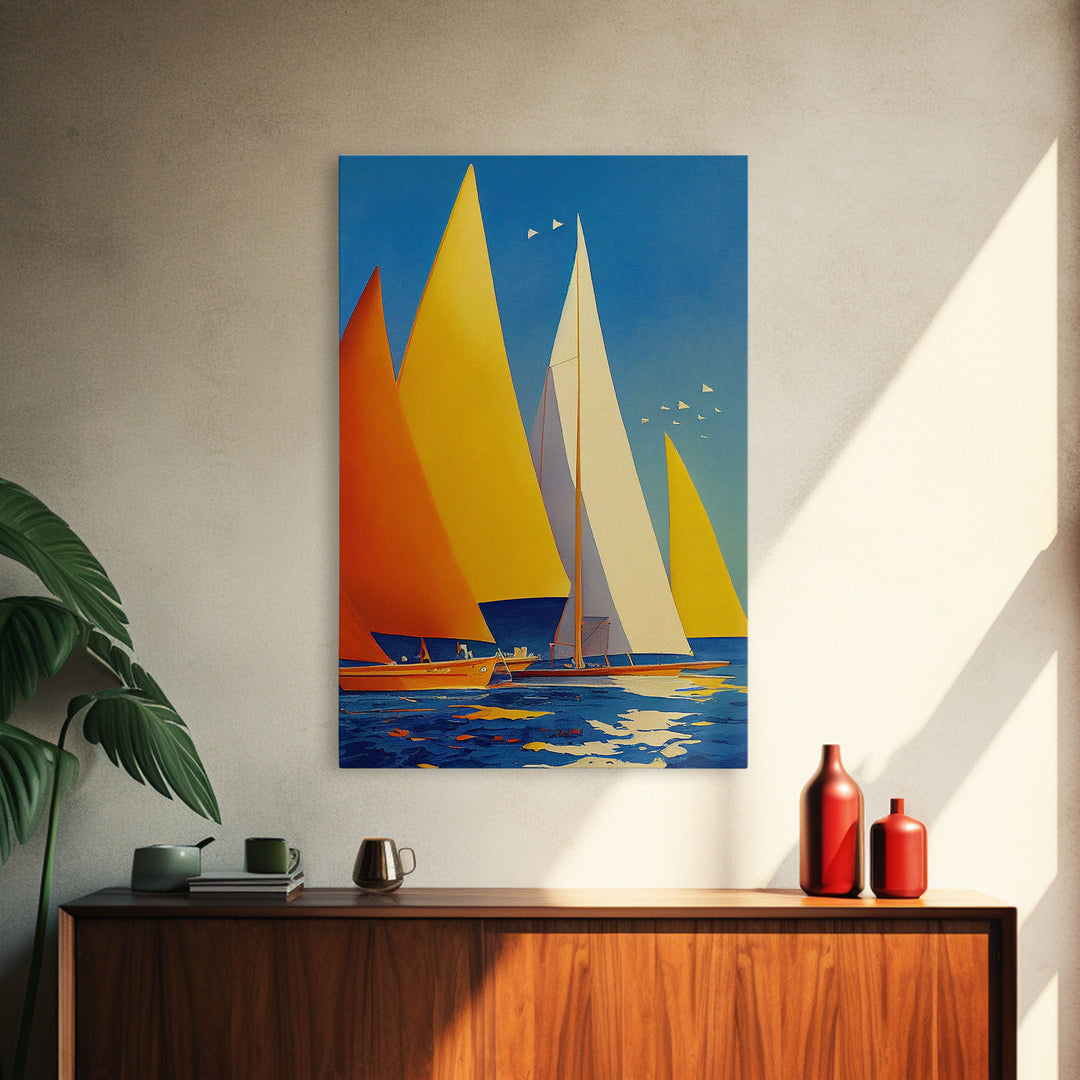 Golden Art Deco Sailboats in the Sun, Lakehouse Decor, Framed Canvas Print, Ready To Hang Framed Wall Art, Living Room Decor