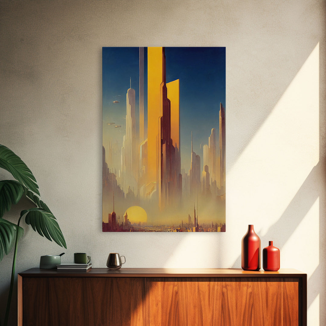 Huge Cyberpunk Desert Metropolis, Video game concept art, Framed Canvas Print, Ready To Hang Framed Wall Art, Living Room Decor