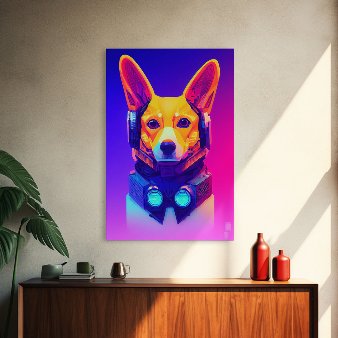 Cyberpunk Corgi Portrait, Futuristic Corgi, Framed Canvas Print, Ready To Hang Framed Wall Art, Living Room Wall Hanging