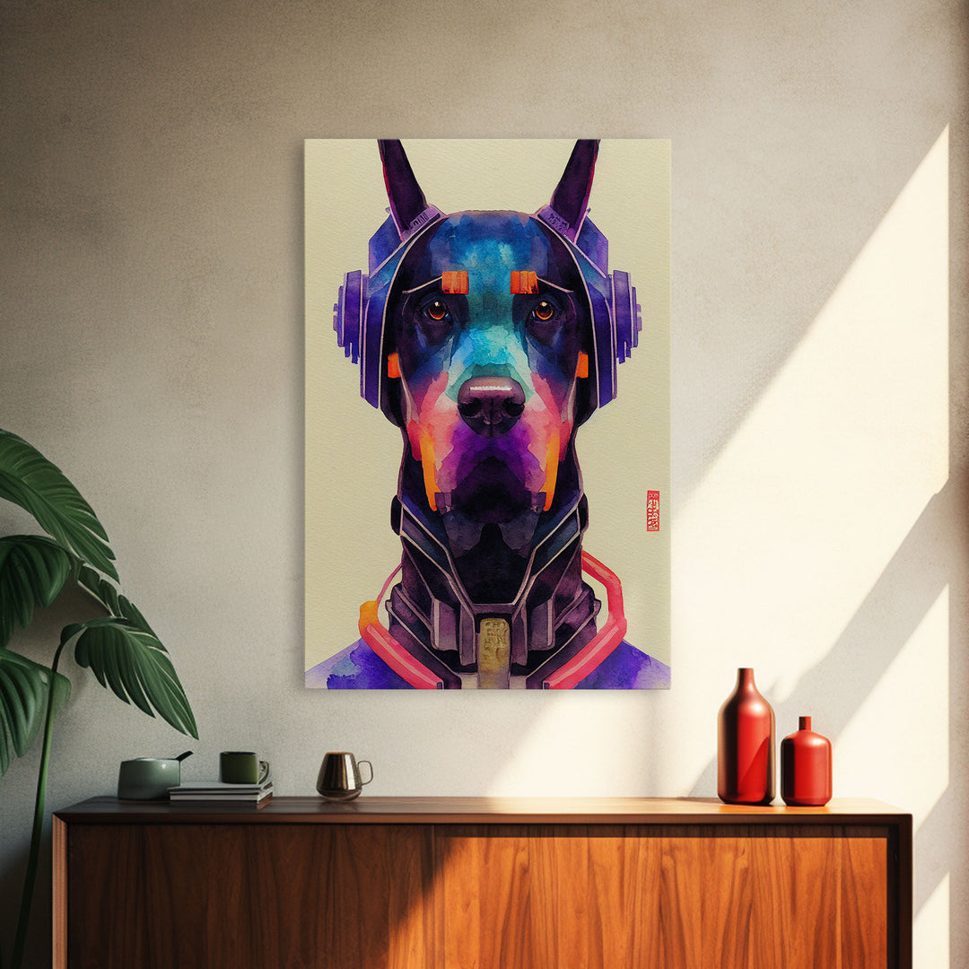 Cyberpunk Dobermann Pinscher Portrait, Watercolor, Framed Canvas Print, Ready To Hang Framed Wall Art, Living Room Wall Hanging