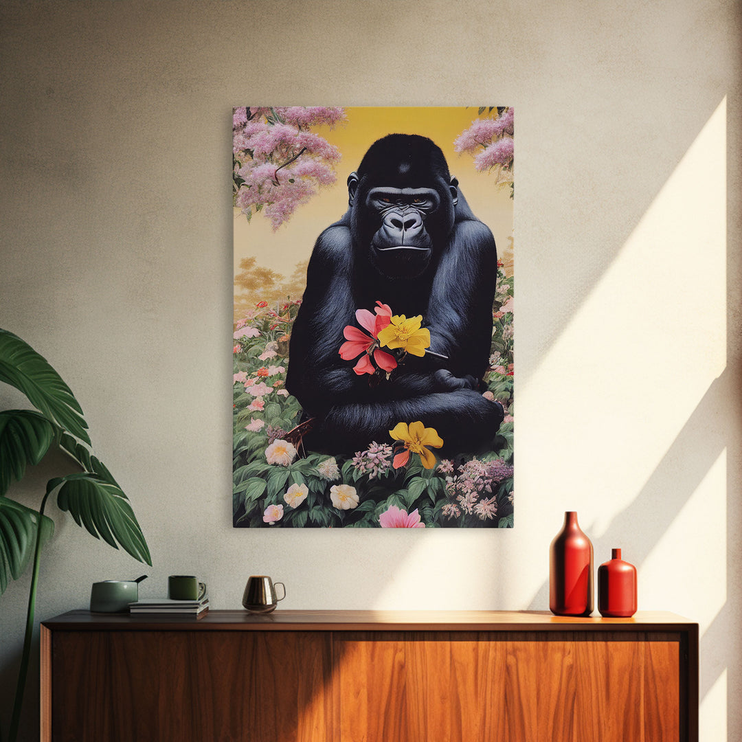 Portrait of a happy gorilla holding flowers, Framed Canvas Print, Ready To Hang Framed Wall Art