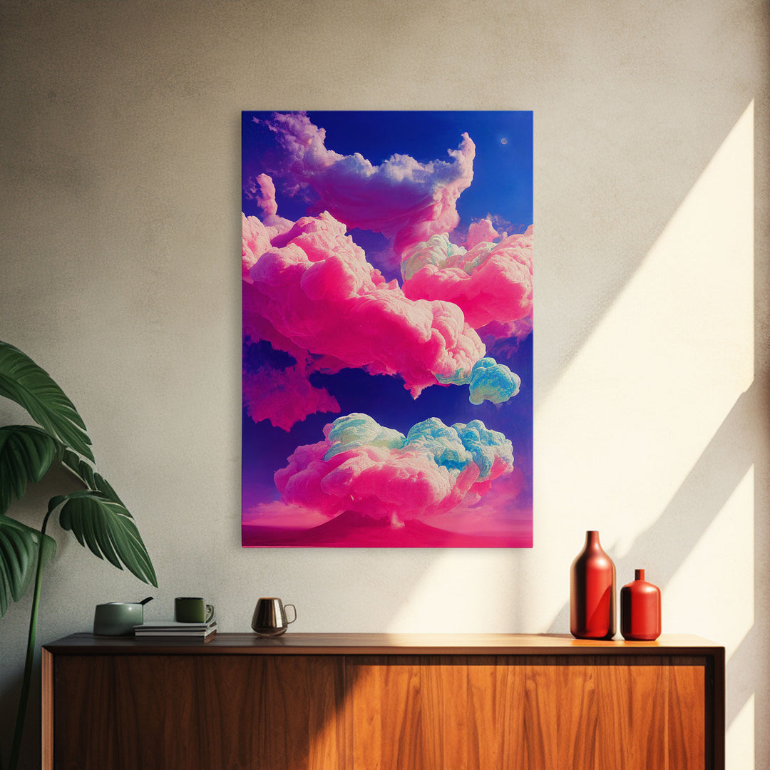 Bubble Gum Clouds, Trippy Psychedelic Surrealist Cloud Art, Framed Canvas Print, Ready To Hang Framed Wall Art