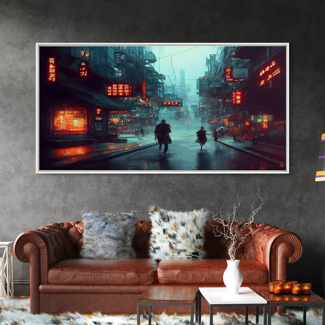 Cyberpunk City, Bladerunner Vibes Dystopian Cityscape, Wall Decor, Ready To Hang Framed Canvas Print, Oversize Wall Art