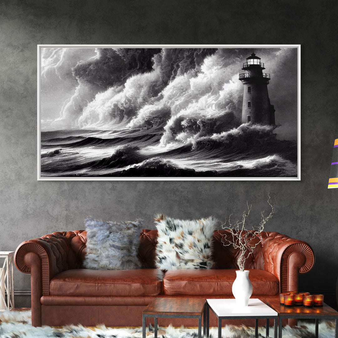 Lighthouse in a storm, black and white, tsunami waves, framed canvas print, ready to hang framed wall art